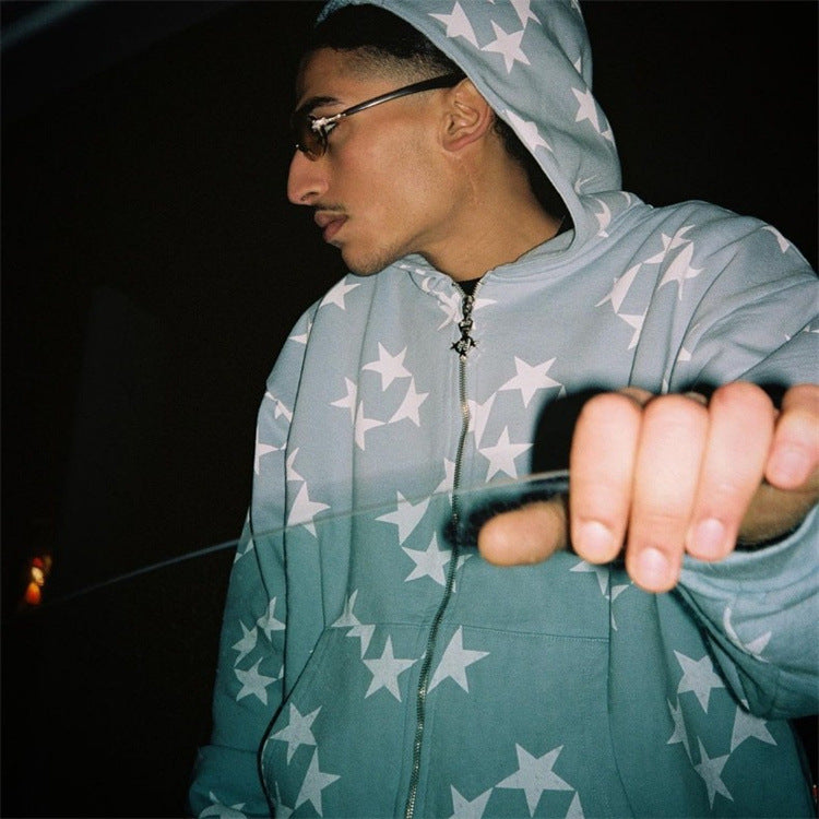 Stars Printed Zipper Hooded Cardigan