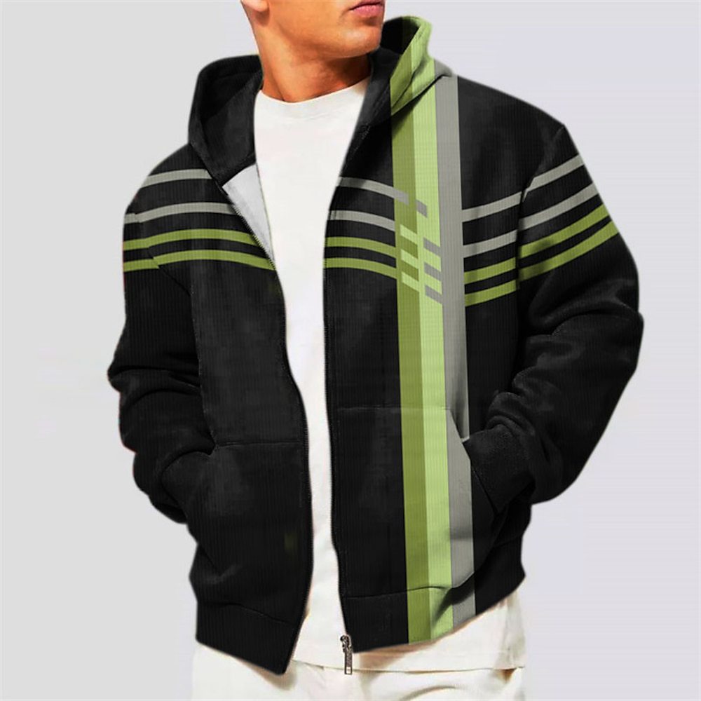 Men's Hoodie Jacket Coat Zipper Hooded Sweatshirt Sports Classic Casual Striped Pattern Printed Gradient Coat