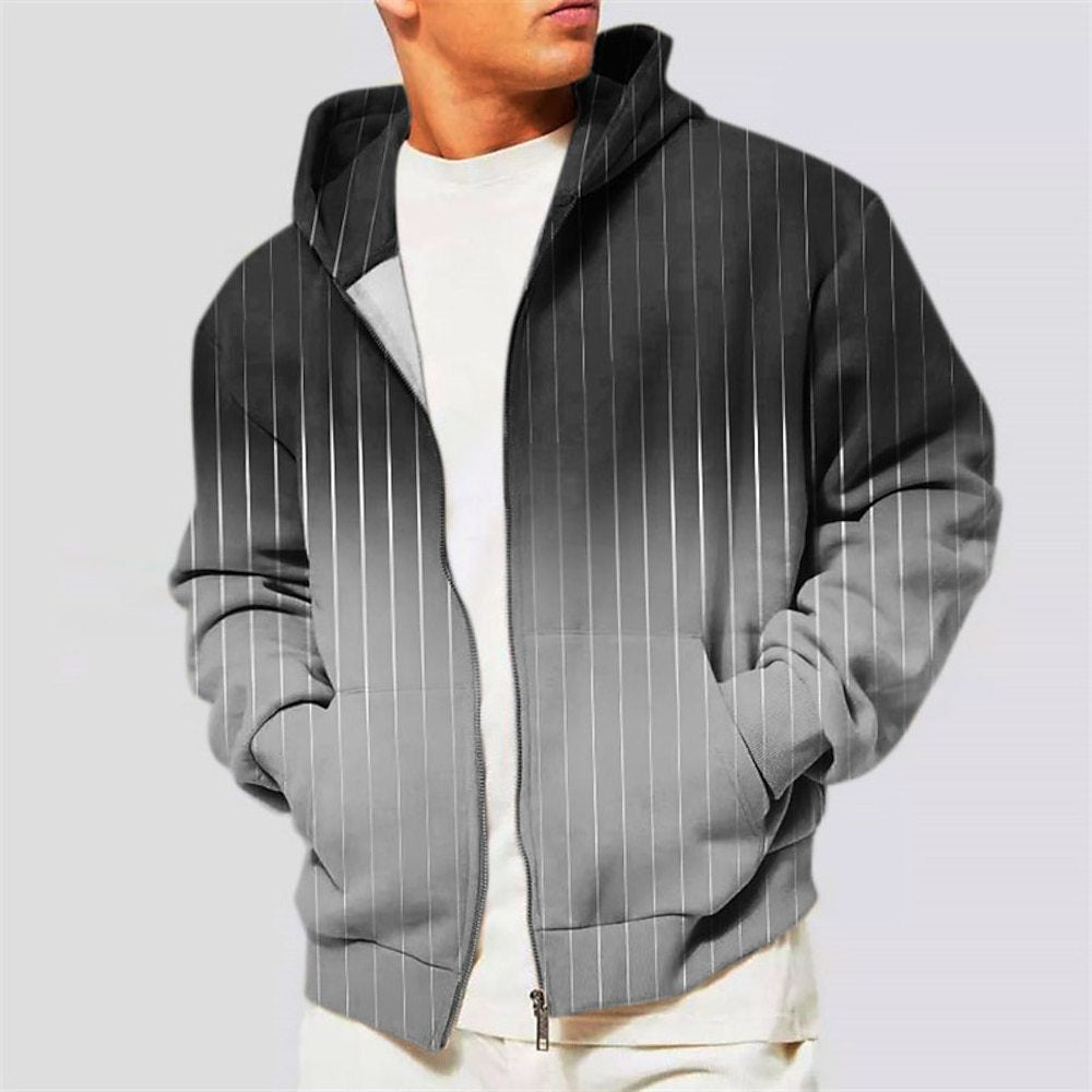 Men's Hoodie Jacket Coat Zipper Hooded Sweatshirt Sports Classic Casual Striped Pattern Printed Gradient Coat