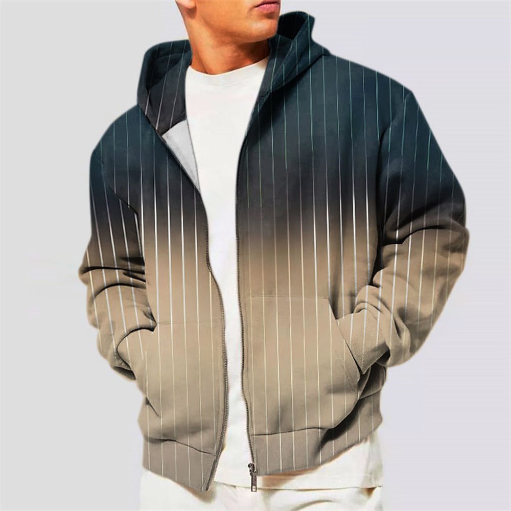 Men's Hoodie Jacket Coat Zipper Hooded Sweatshirt Sports Classic Casual Striped Pattern Printed Gradient Coat