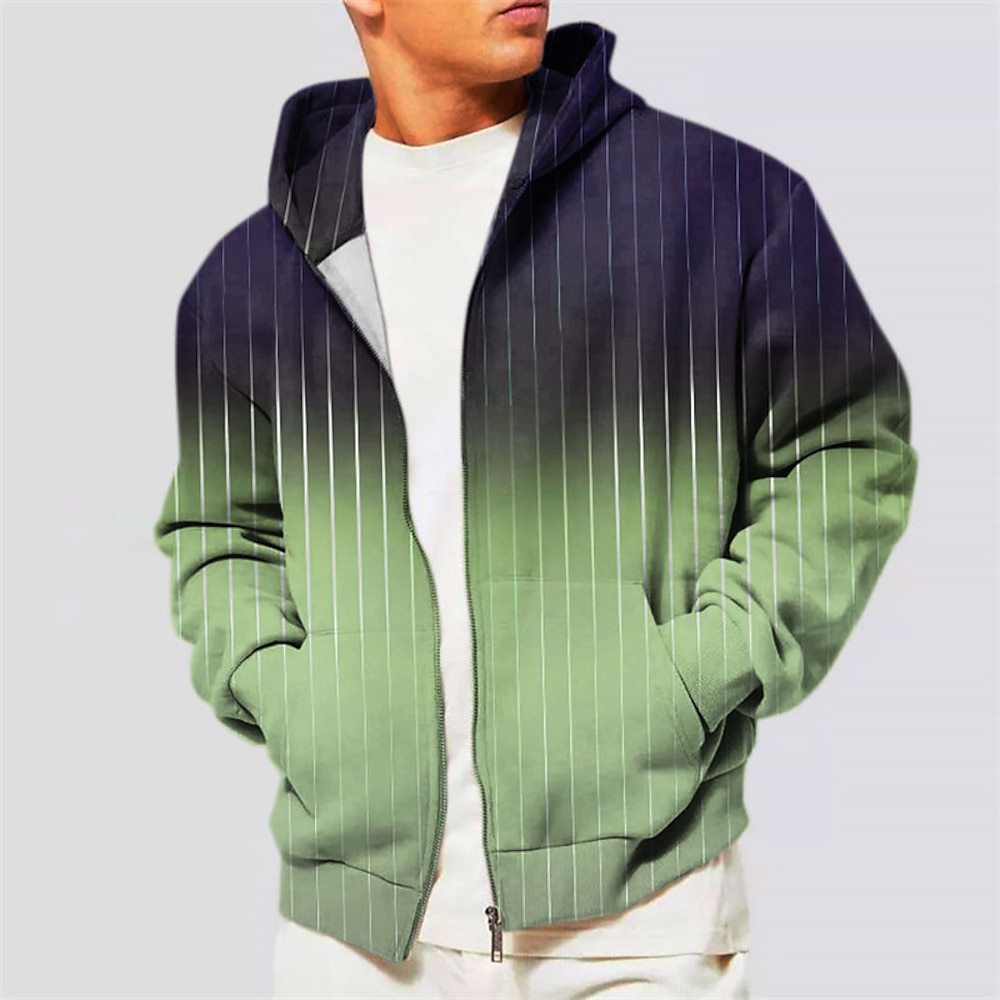 Men's Hoodie Jacket Coat Zipper Hooded Sweatshirt Sports Classic Casual Striped Pattern Printed Gradient Coat