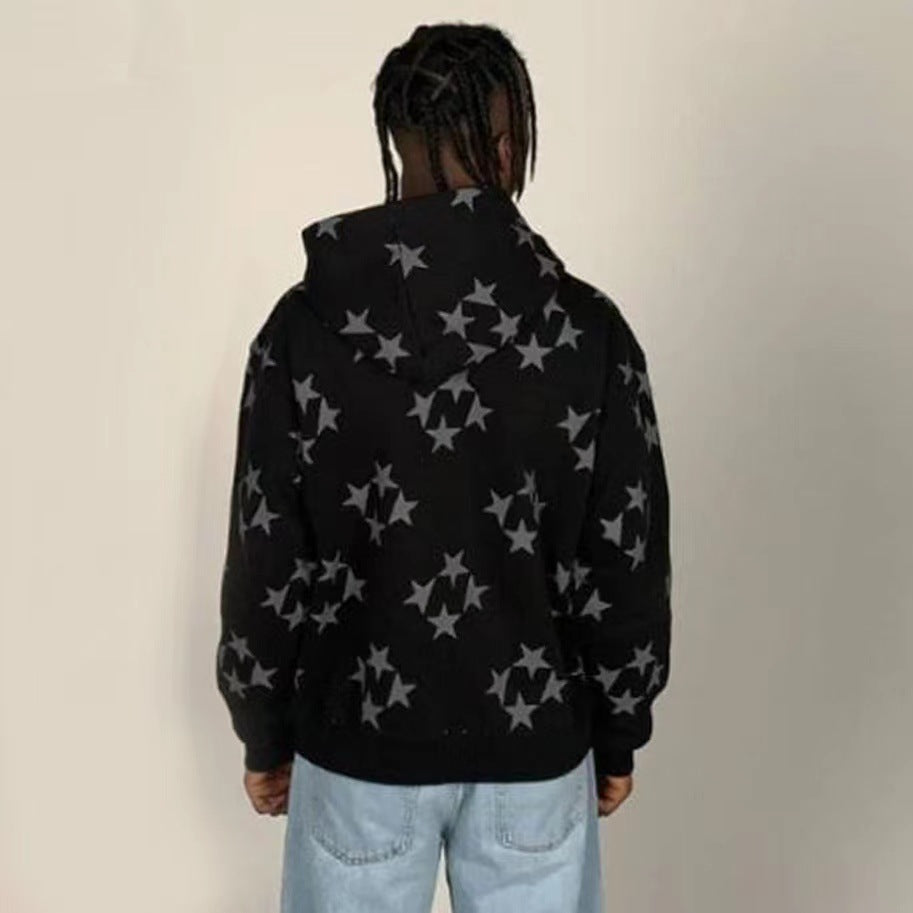 Stars Printed Zipper Hooded Cardigan