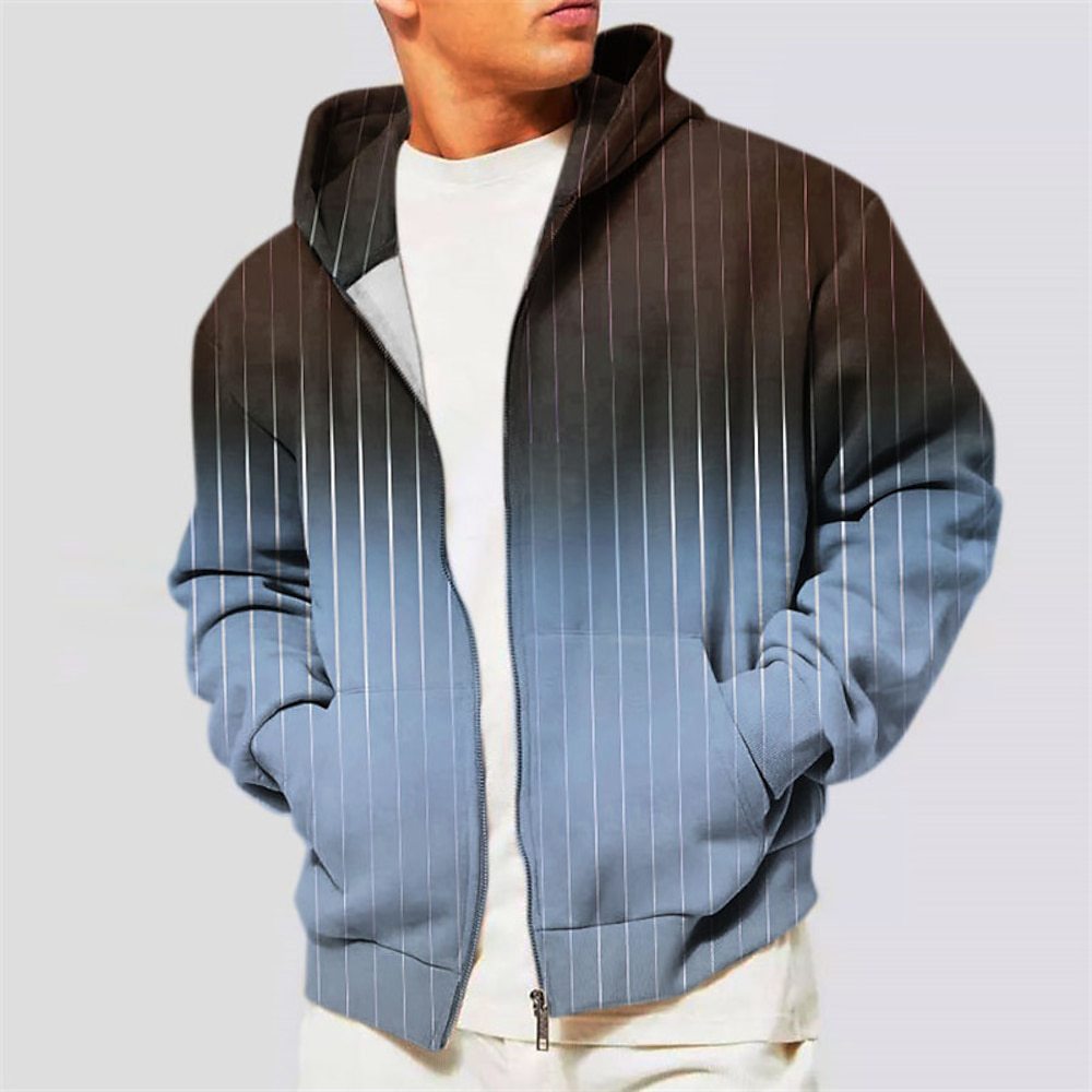 Men's Hoodie Jacket Coat Zipper Hooded Sweatshirt Sports Classic Casual Striped Pattern Printed Gradient Coat
