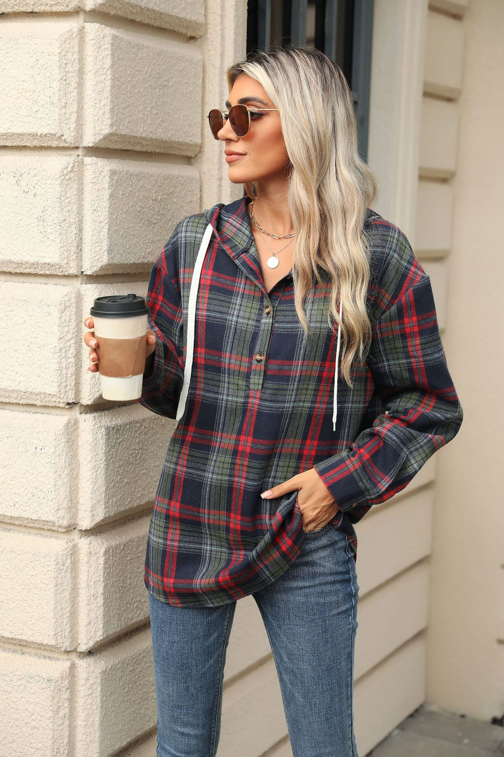 Plaid Print Hooded Sweatshirt
