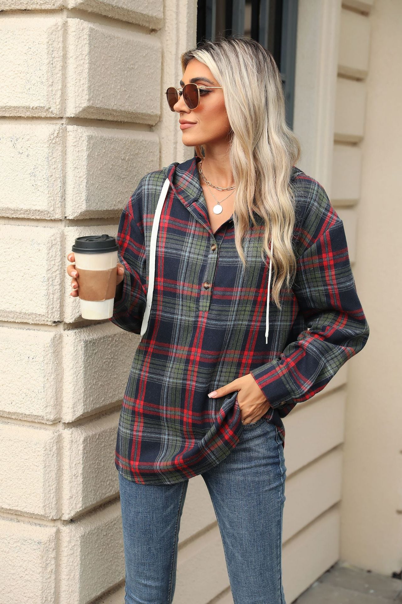 Plaid Print Hooded Sweatshirt