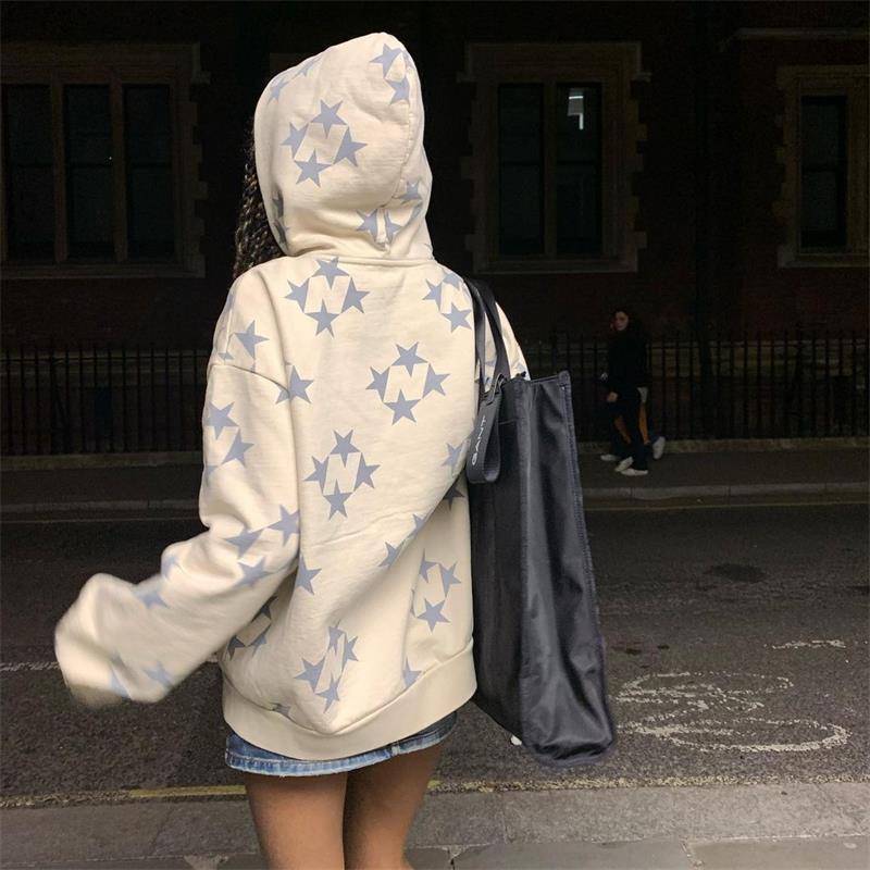 Stars Printed Zipper Hooded Cardigan